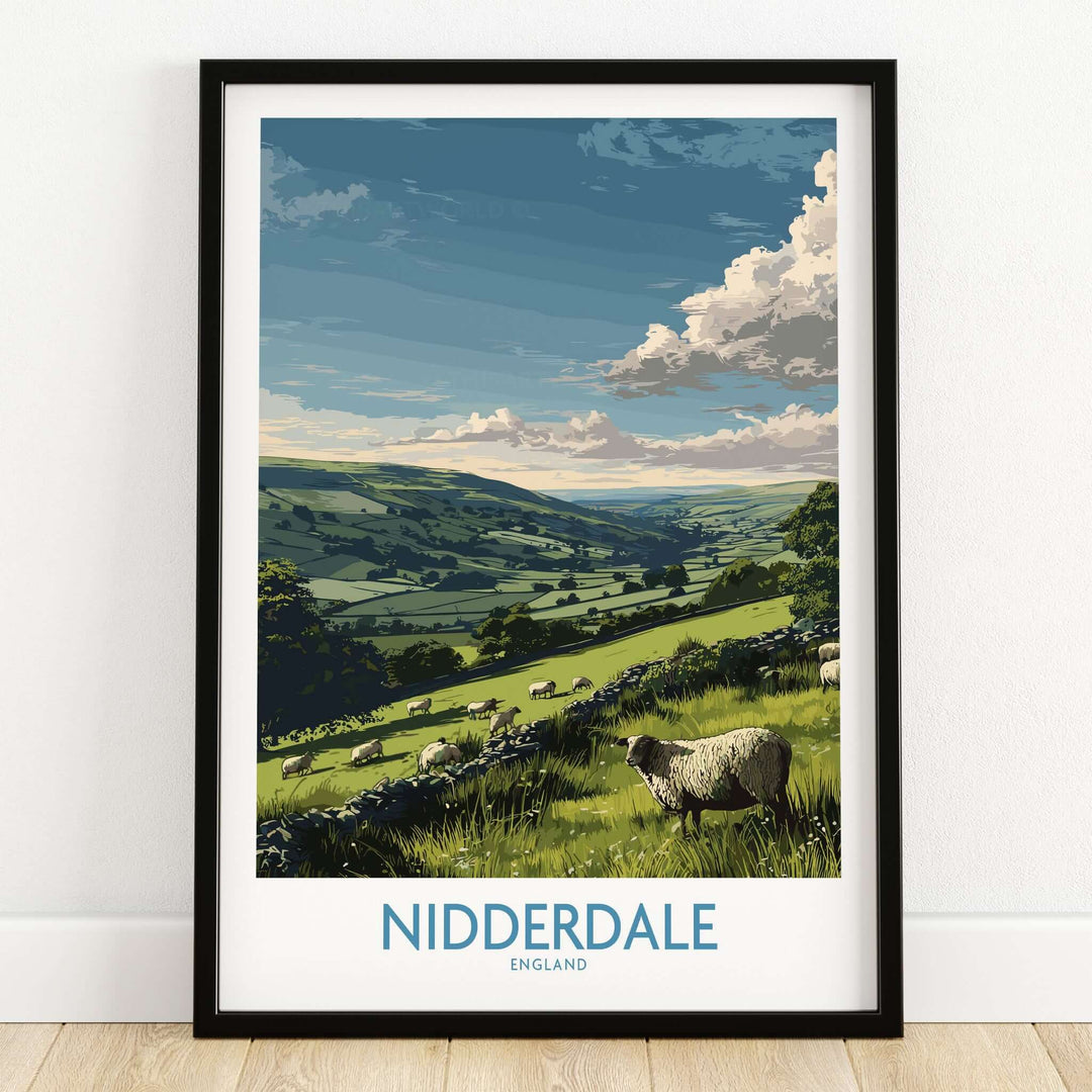 Nidderdale Art Print | Yorkshire Dales Sheep Poster showcasing a scenic landscape and grazing sheep in Nidderdale, England.