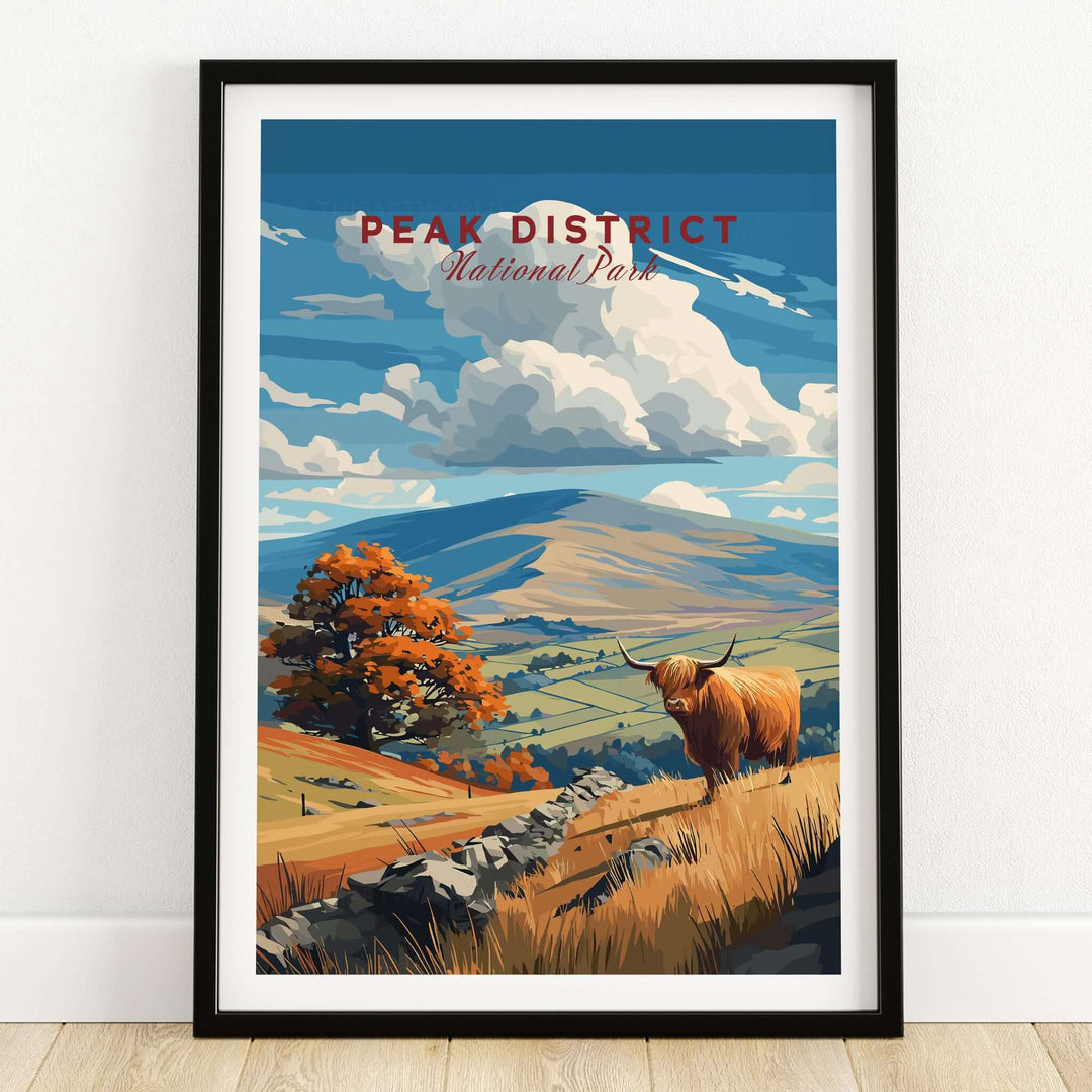 Peak District Mam Tor View Canvas Print | Autumn Landscape Wall Decor featuring a Highland cow in a vibrant autumn landscape.