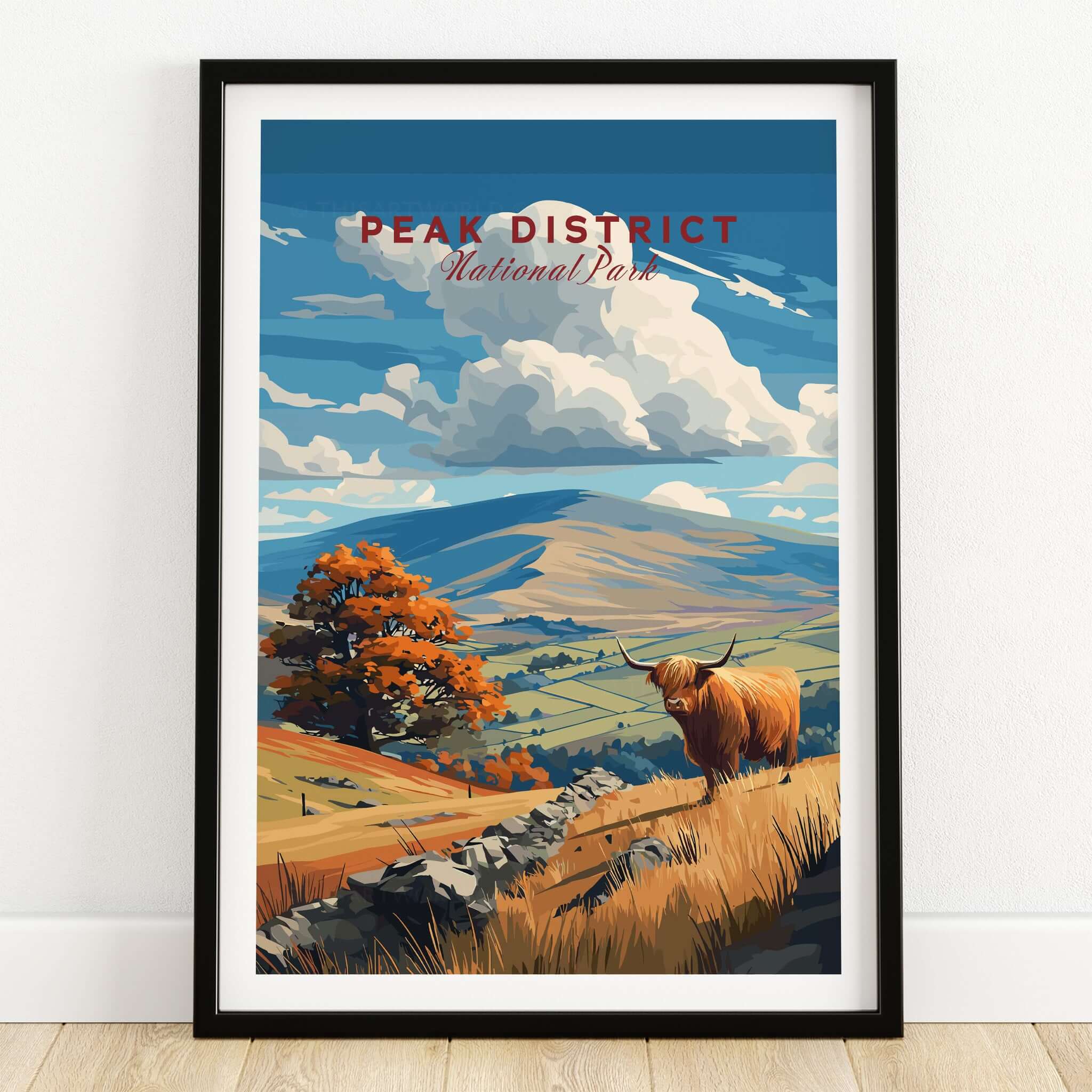 Peak District Mam Tor View Canvas Print | Autumn Landscape Wall Decor featuring a Highland cow in a vibrant autumn landscape.