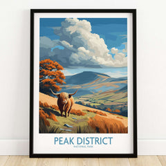 Peak District National Park Highland Cattle Art Print | Rolling Hills Poster featuring a Highland cow in the scenic landscape.