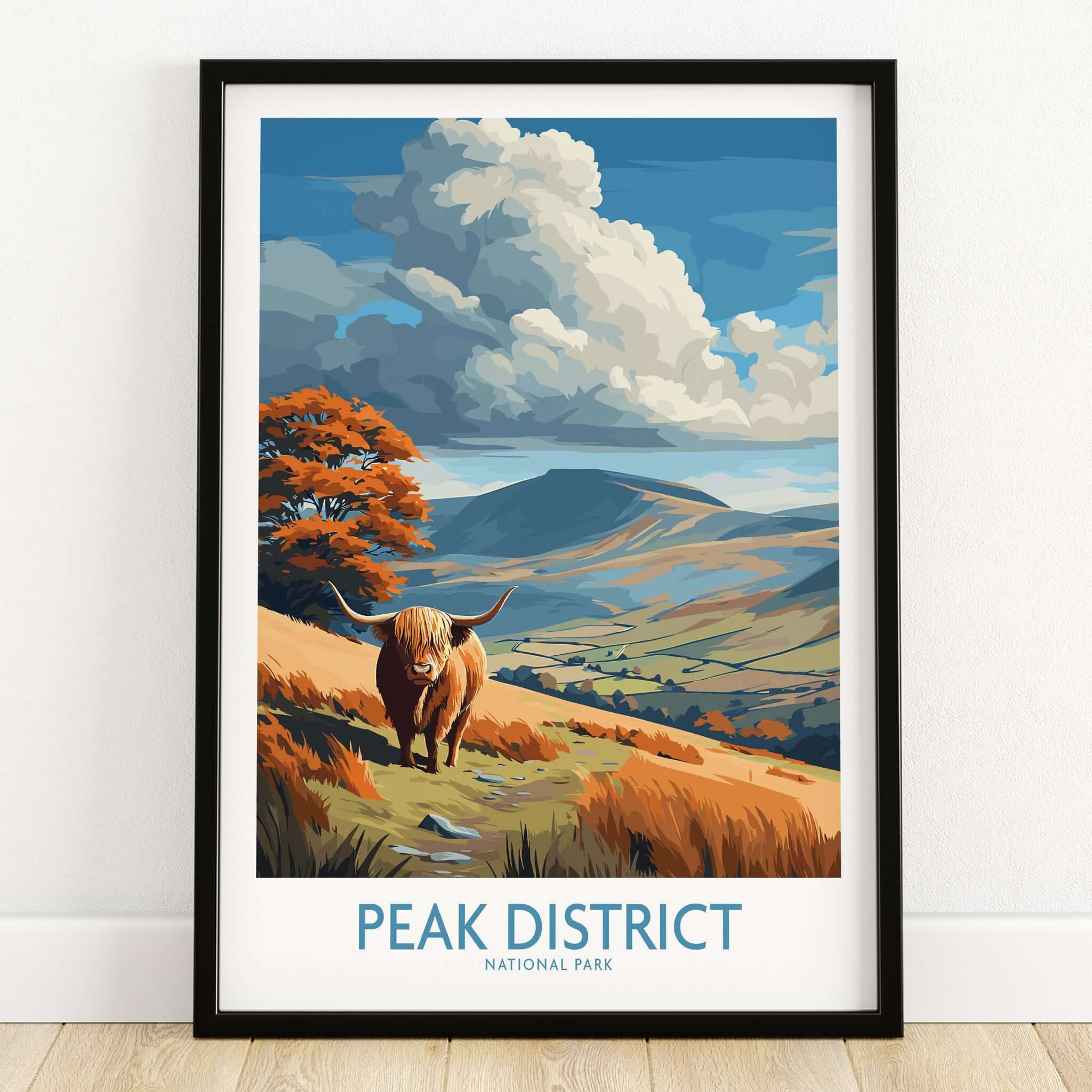 Peak District National Park Highland Cattle Art Print | Rolling Hills Poster featuring a Highland cow in the scenic landscape.