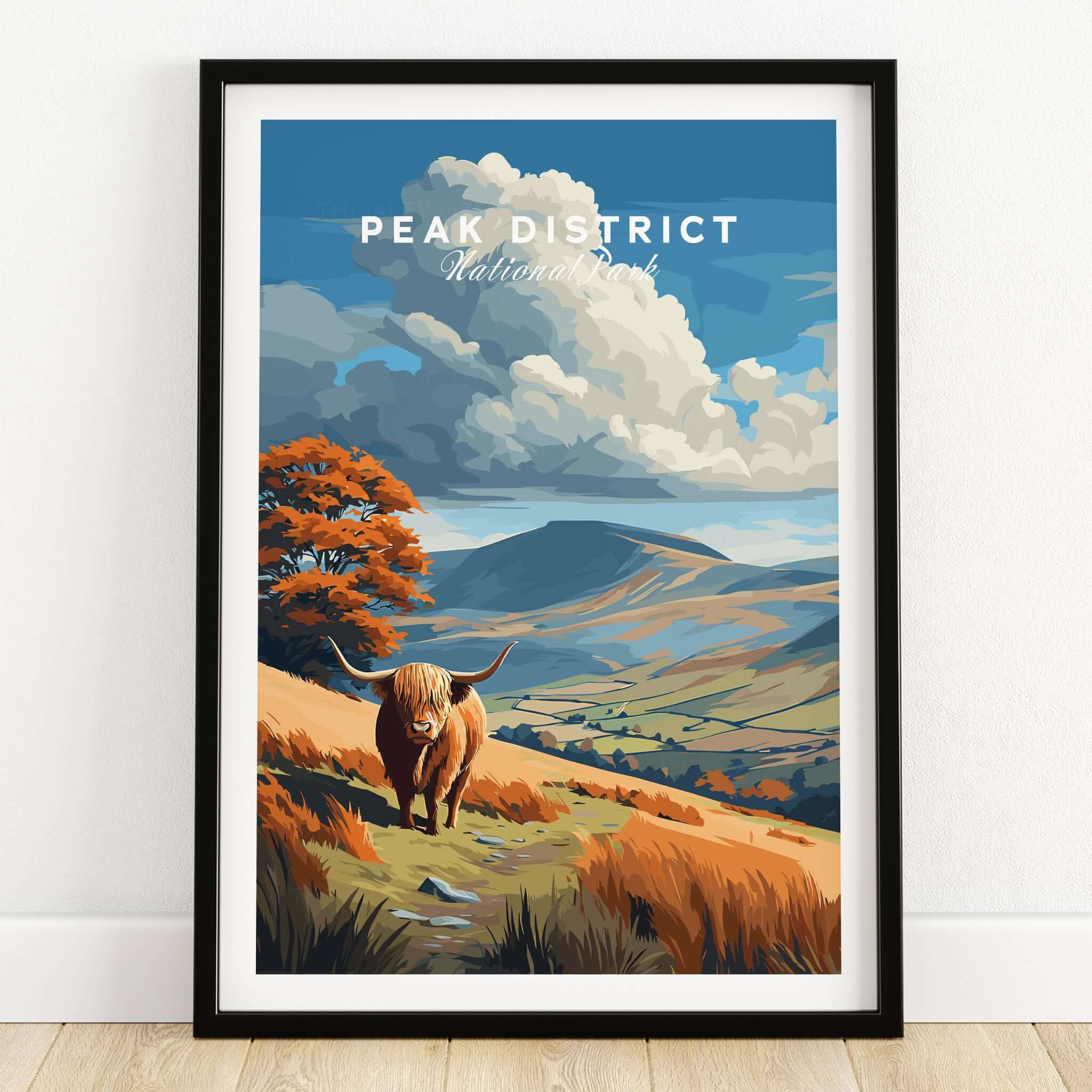Peak District Scenic View Canvas Print | Derbyshire Home Wall Art featuring a Highland cow and stunning landscape.