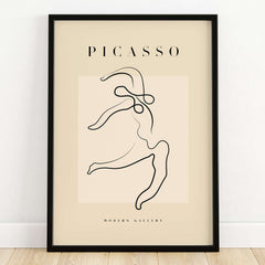 Picasso Dancing Figure Line Art Abstract Motion Poster Modern Gallery Print featuring a minimalist design in black lines on beige.