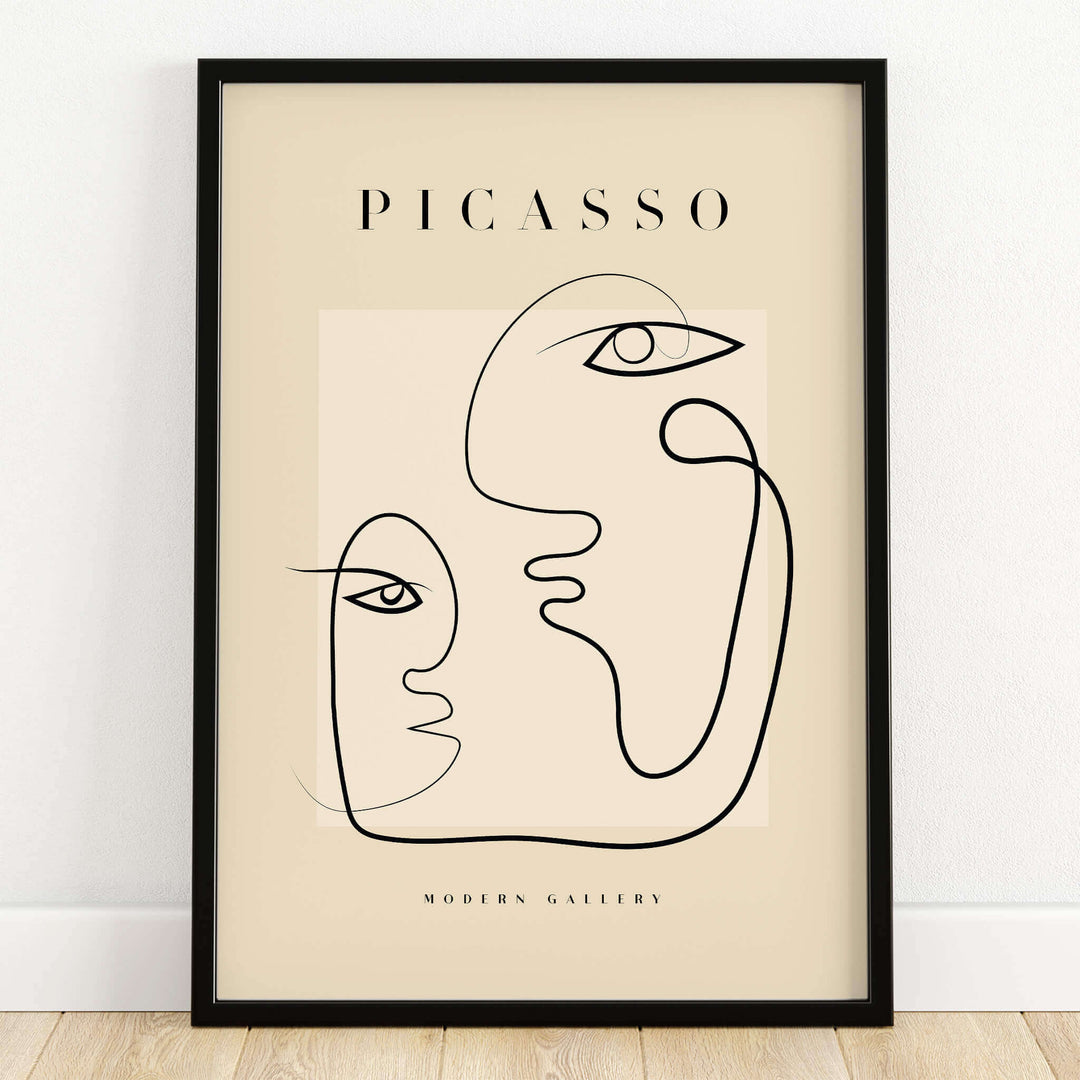 Picasso Interacting Abstract Faces Line Art Modern Gallery Minimalist Print Poster in a sleek black frame.