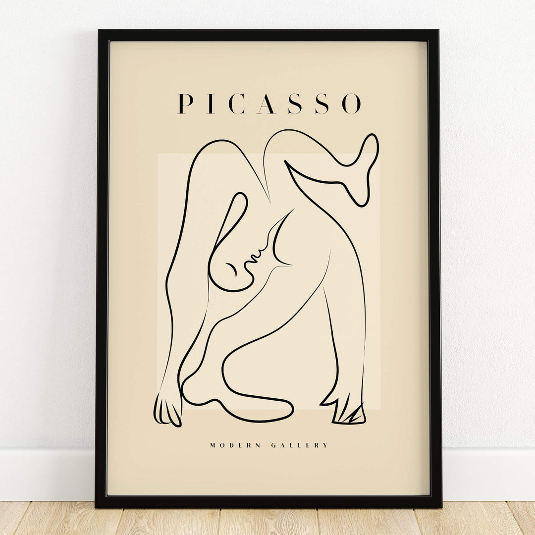 Picasso Contorted Figure Abstract Pose Line Art Modern Gallery Poster Wall Art framed on wall showcasing minimalist design.