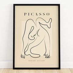 Picasso Contorted Figure Abstract Pose Line Art Modern Gallery Poster Wall Art framed on wall showcasing minimalist design.