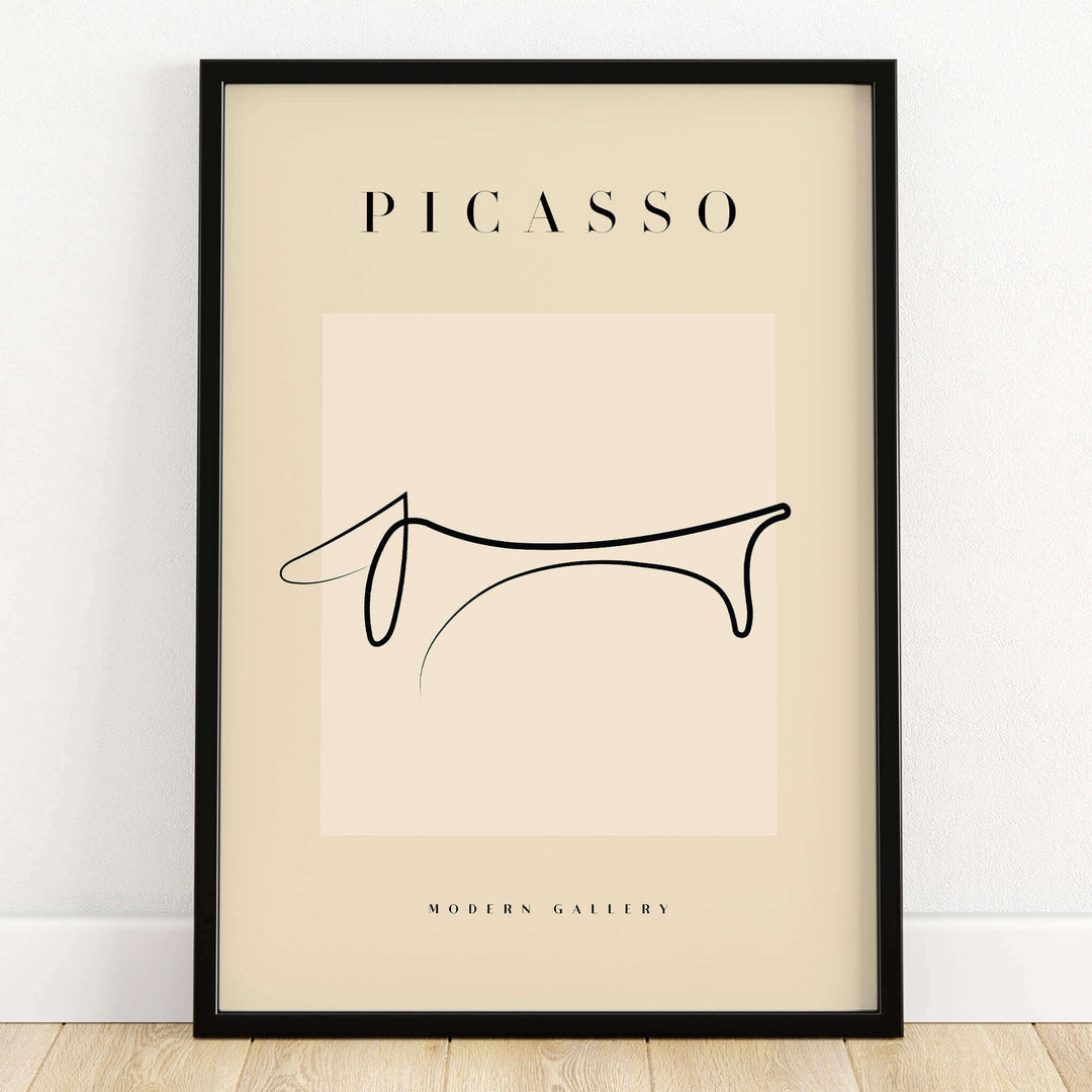 Picasso Dachshund Dog Line Art Minimalist Animal Poster Modern Gallery Print framed in black