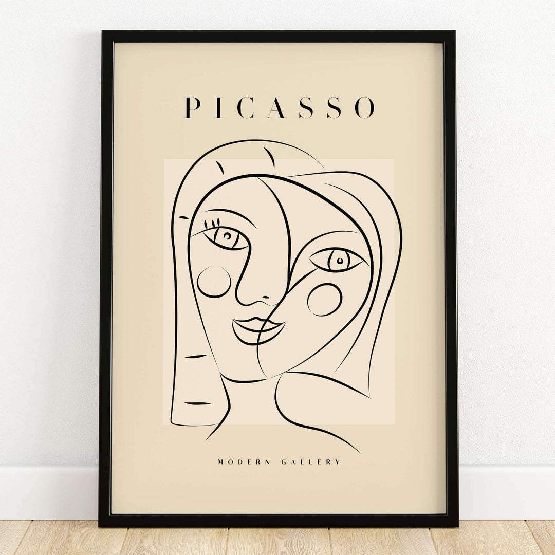 Picasso Smiling Double Face Abstract Portrait Line Art Modern Gallery Poster Print featuring playful line art on beige.