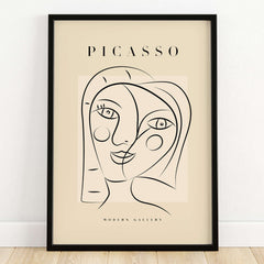 Picasso Smiling Double Face Abstract Portrait Line Art Modern Gallery Poster Print featuring playful line art on beige.