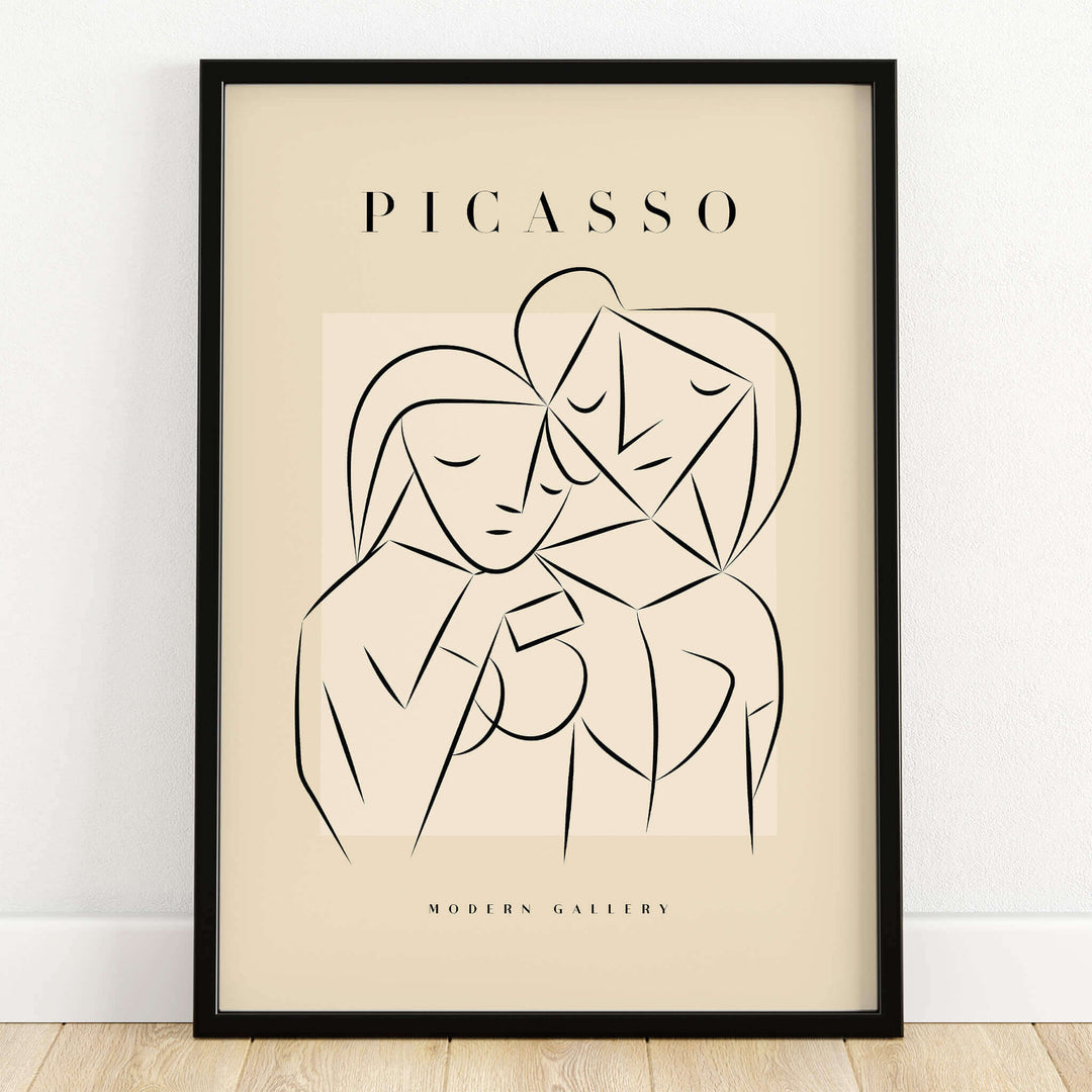Picasso Abstract Couple Lovers Embrace Line Art Figures Poster Modern Gallery Wall Art framed print on beige background