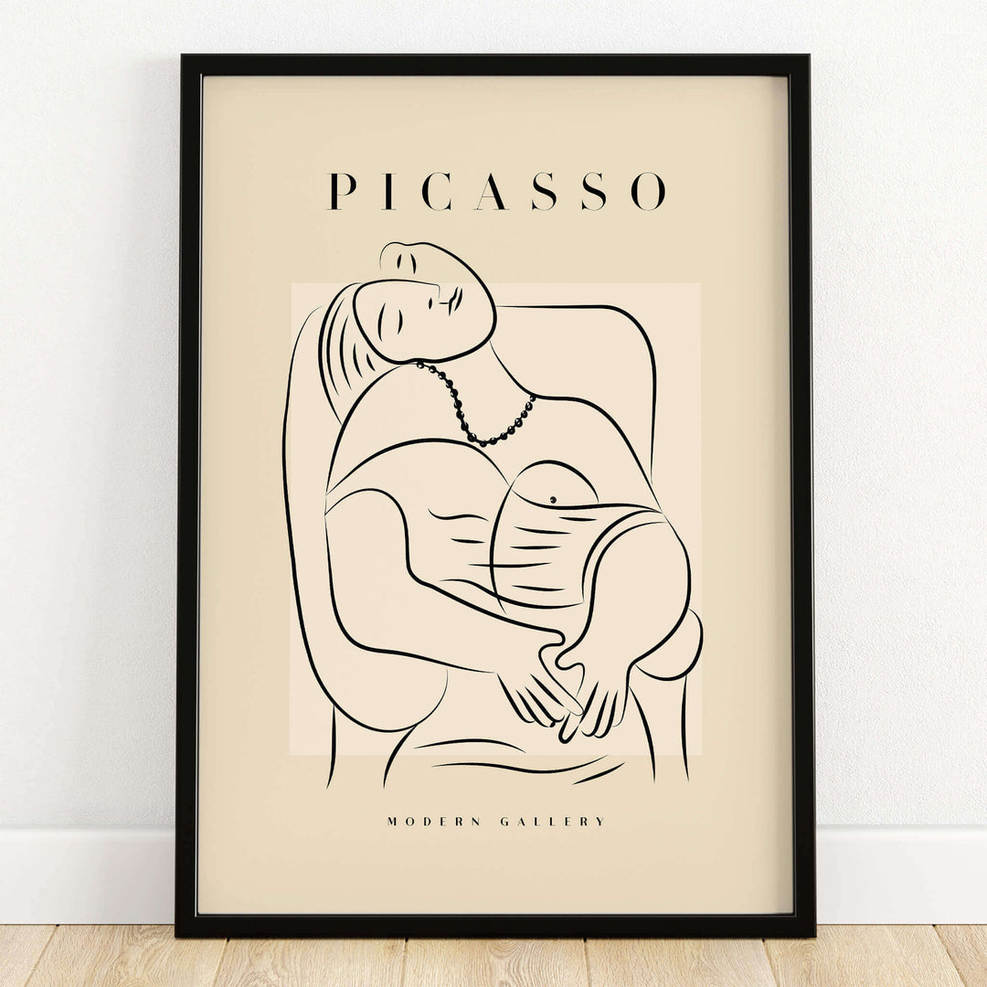 Picasso Reclining Woman Necklace Line Art Figure Poster Modern Gallery Wall Art in a minimalist black frame.