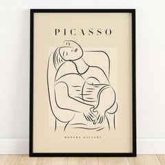 Picasso Reclining Woman Necklace Line Art Figure Poster Modern Gallery Wall Art in a minimalist black frame.