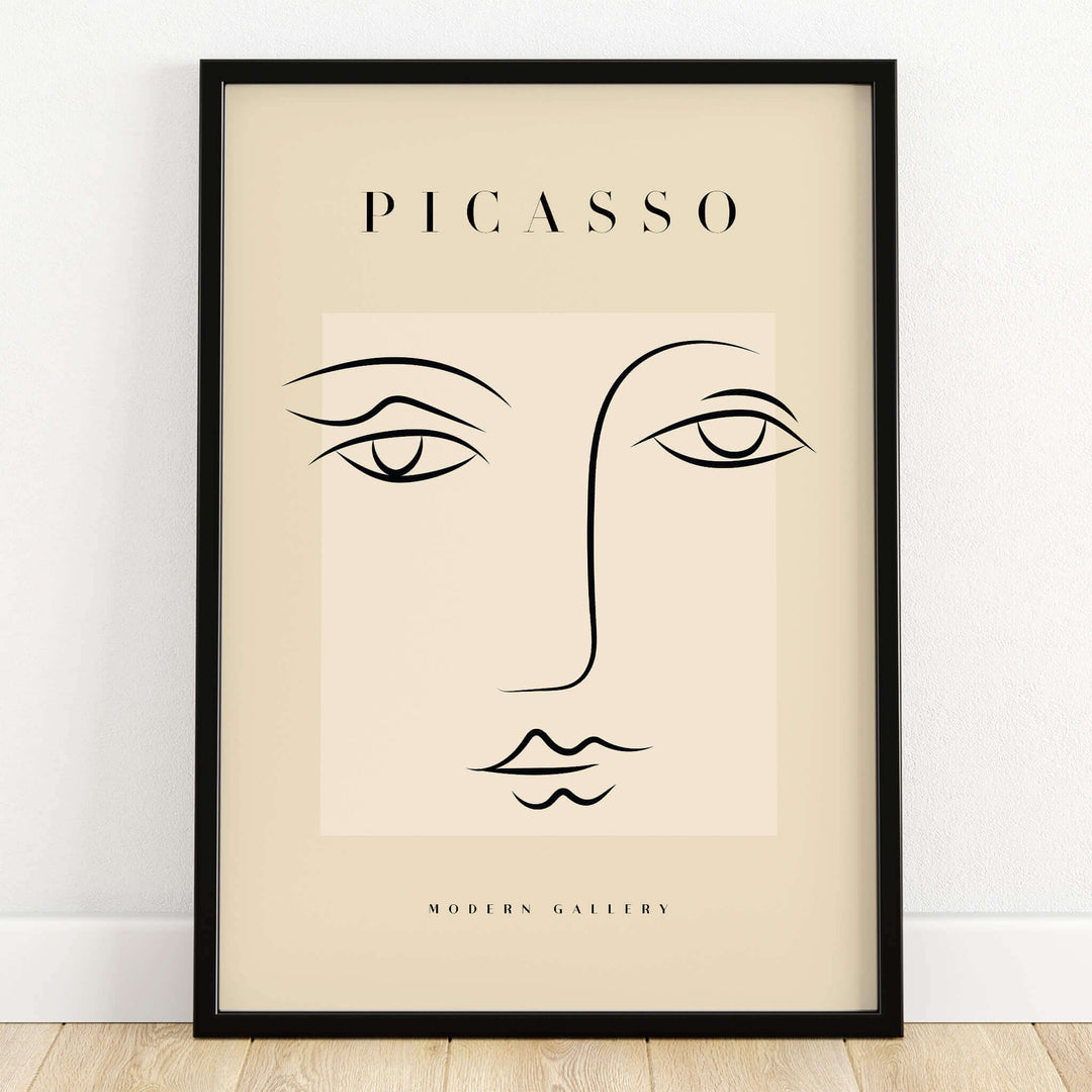 Picasso Minimalist Face Outline Line Art Simple Abstract Poster Modern Gallery Print showcased in a stylish black frame.