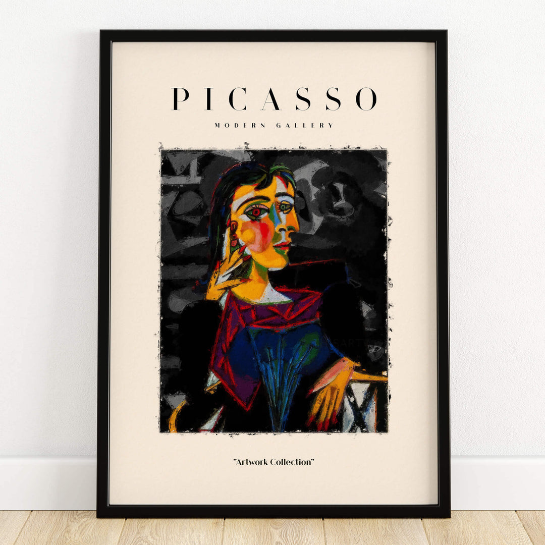 Picasso Seated Woman Cubist Portrait Art Print Modern Gallery Artwork Poster displayed in a modern frame.