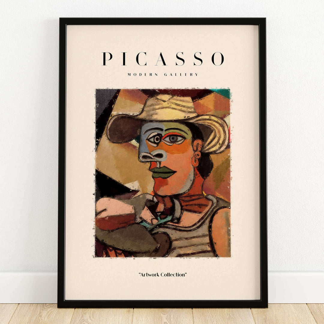 Picasso Man Straw Hat Abstract Portrait Art Print Cubist Poster Artwork Collection with colorful geometric shapes