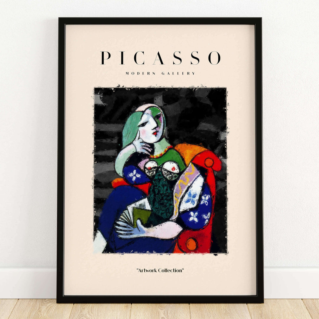 Picasso Seated Woman Reading Abstract Figure Art Print Modern Gallery Artwork Poster featuring a colorful woman with a book.