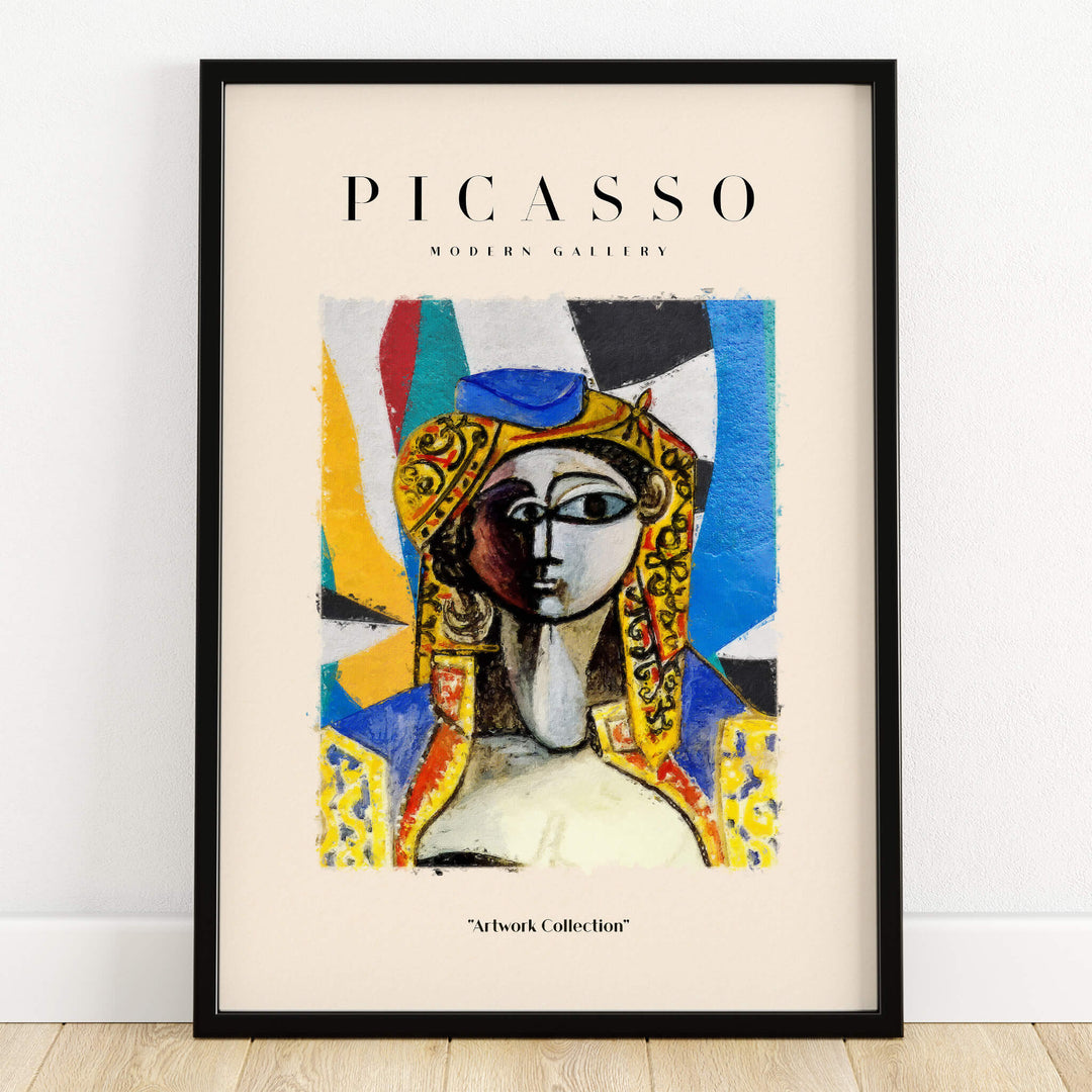 Picasso Abstract Face Portrait Poster Colorful Abstract Artwork Print Modern Gallery framed art print on display.