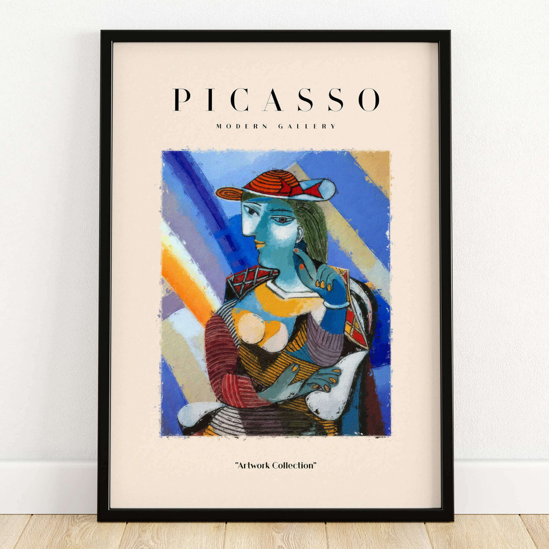 Picasso Woman Red Hat Blue Face Portrait Print Colorful Cubist Poster Artwork Collection