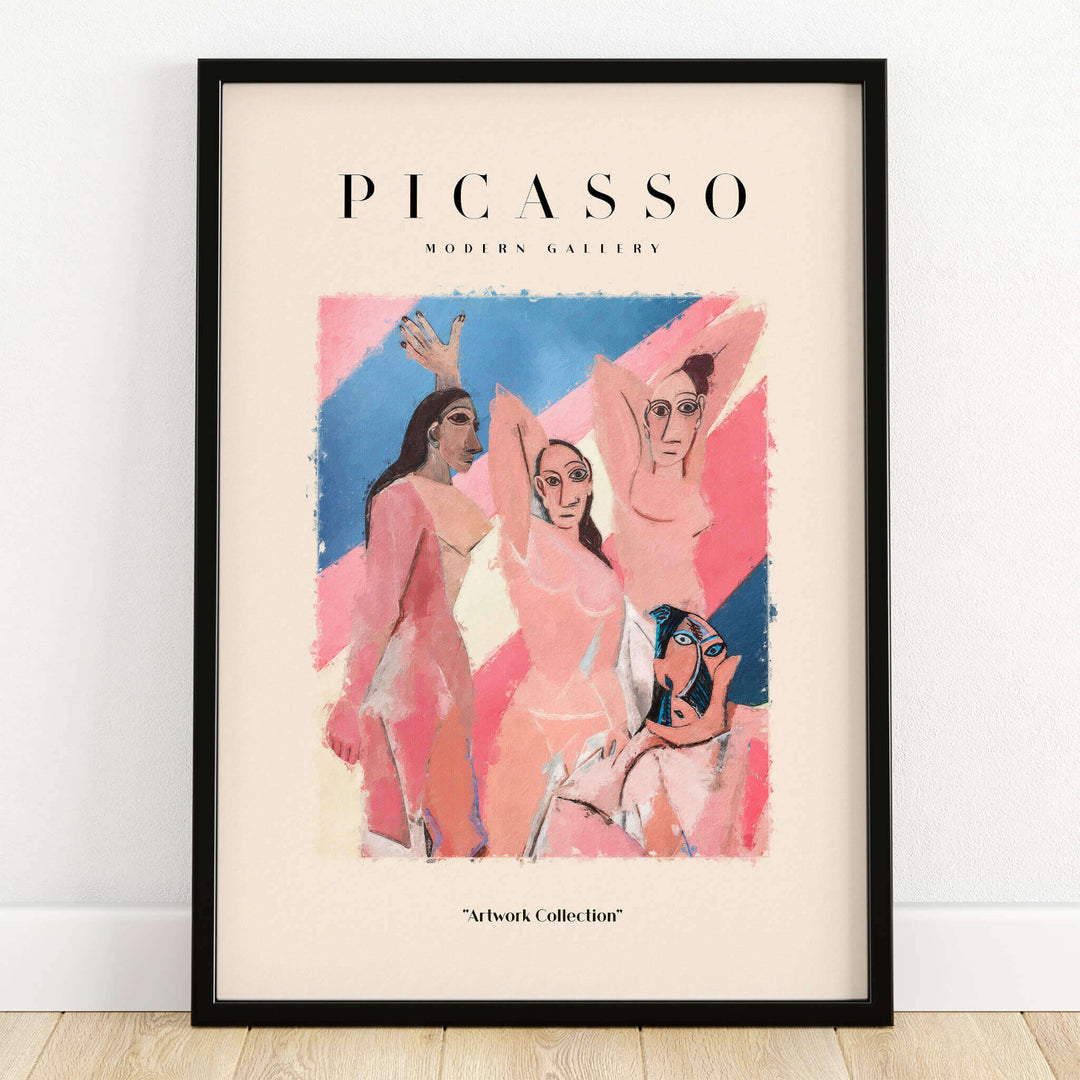 Picasso Les Demoiselles d Avignon Inspired Art Print Abstract Figures Poster Artwork Collection displayed in a frame.