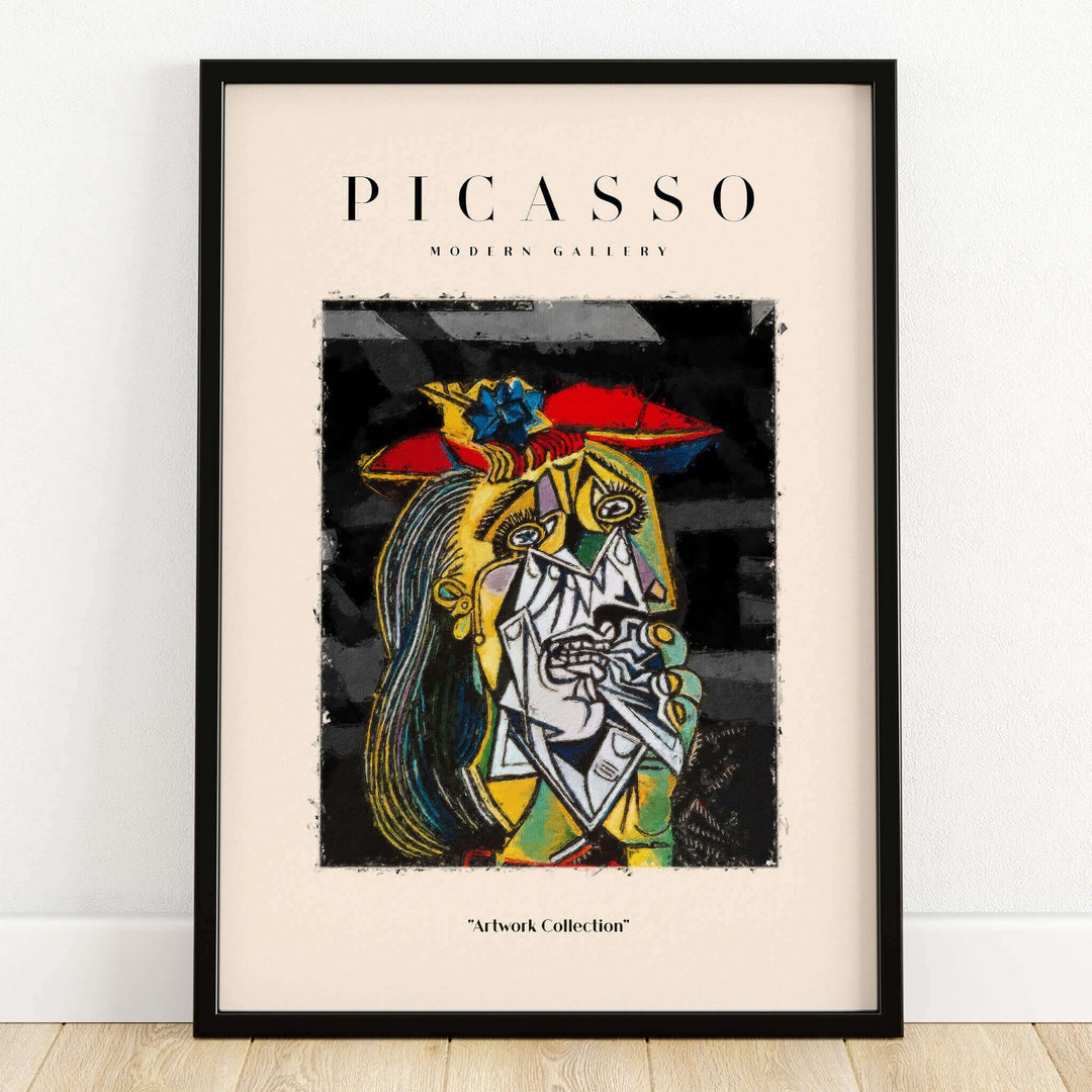 Picasso Weeping Woman Inspired Art Print Abstract Portrait Poster Artwork Collection framed artwork featuring intense abstract emotions.