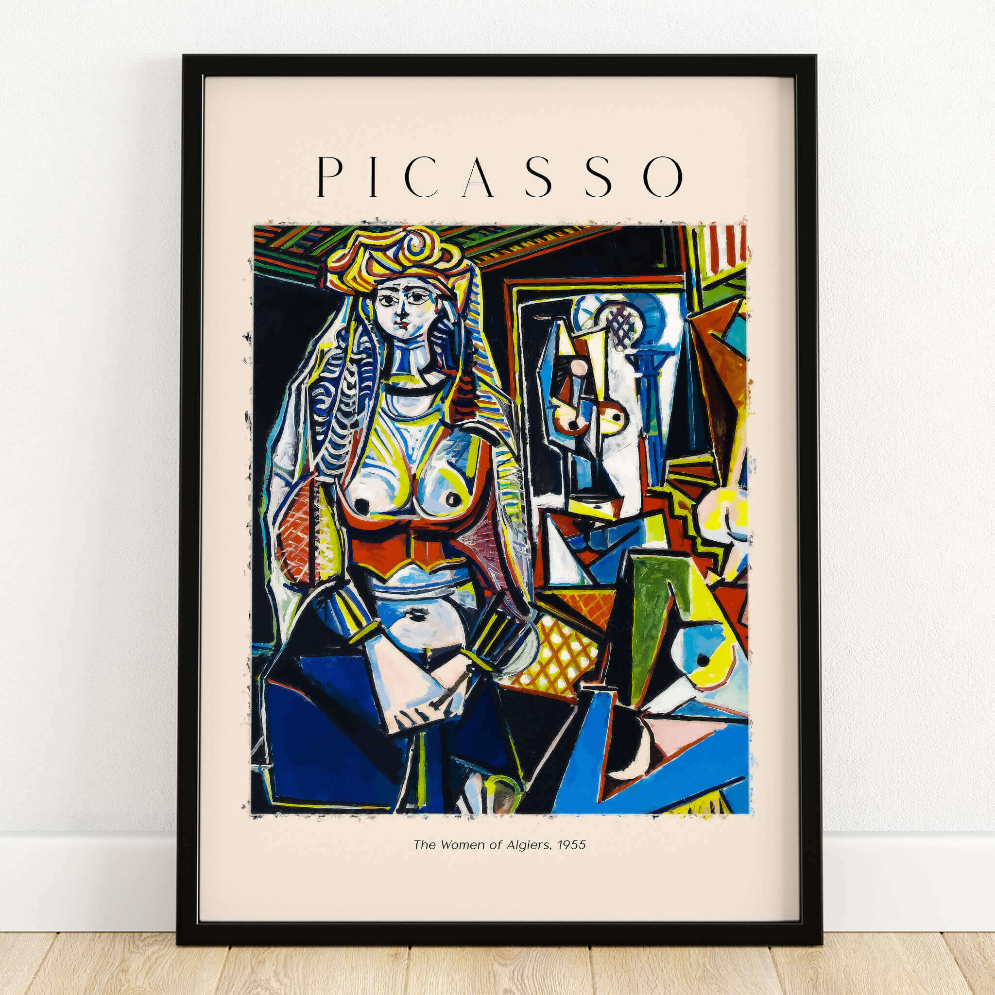 Picasso The Women of Algiers 1955 Art Print Famous Cubist Painting Poster Wall Art displayed in a stylish frame.