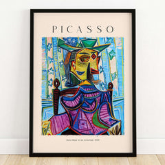 Picasso Dora Maar Armchair 1939 Portrait Print Cubist Seated Woman Poster Art featuring vibrant colors and abstract design.