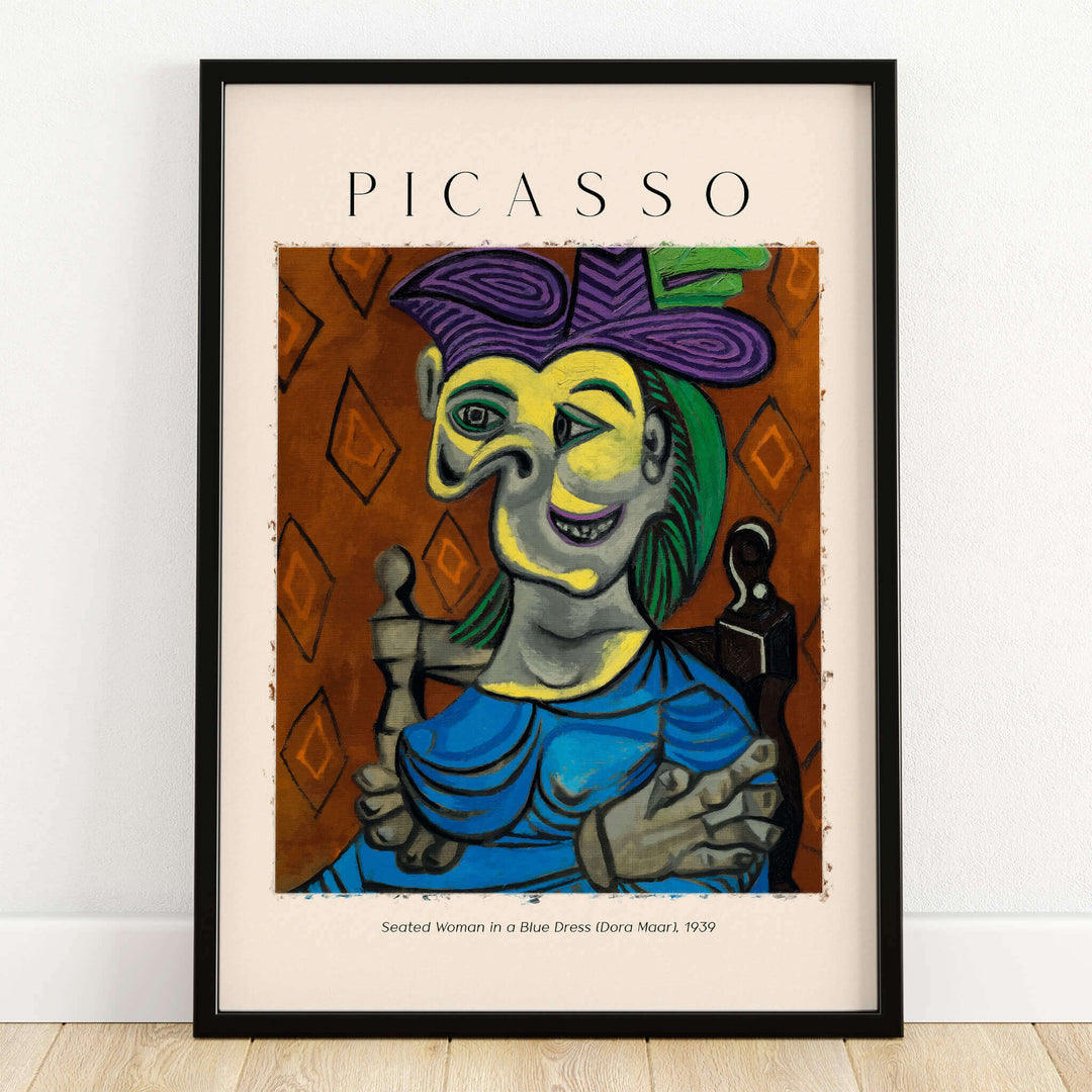 Picasso Seated Woman Blue Dress Dora Maar 1939 Art Print Cubist Portrait Poster featuring vibrant colors and abstract shapes.