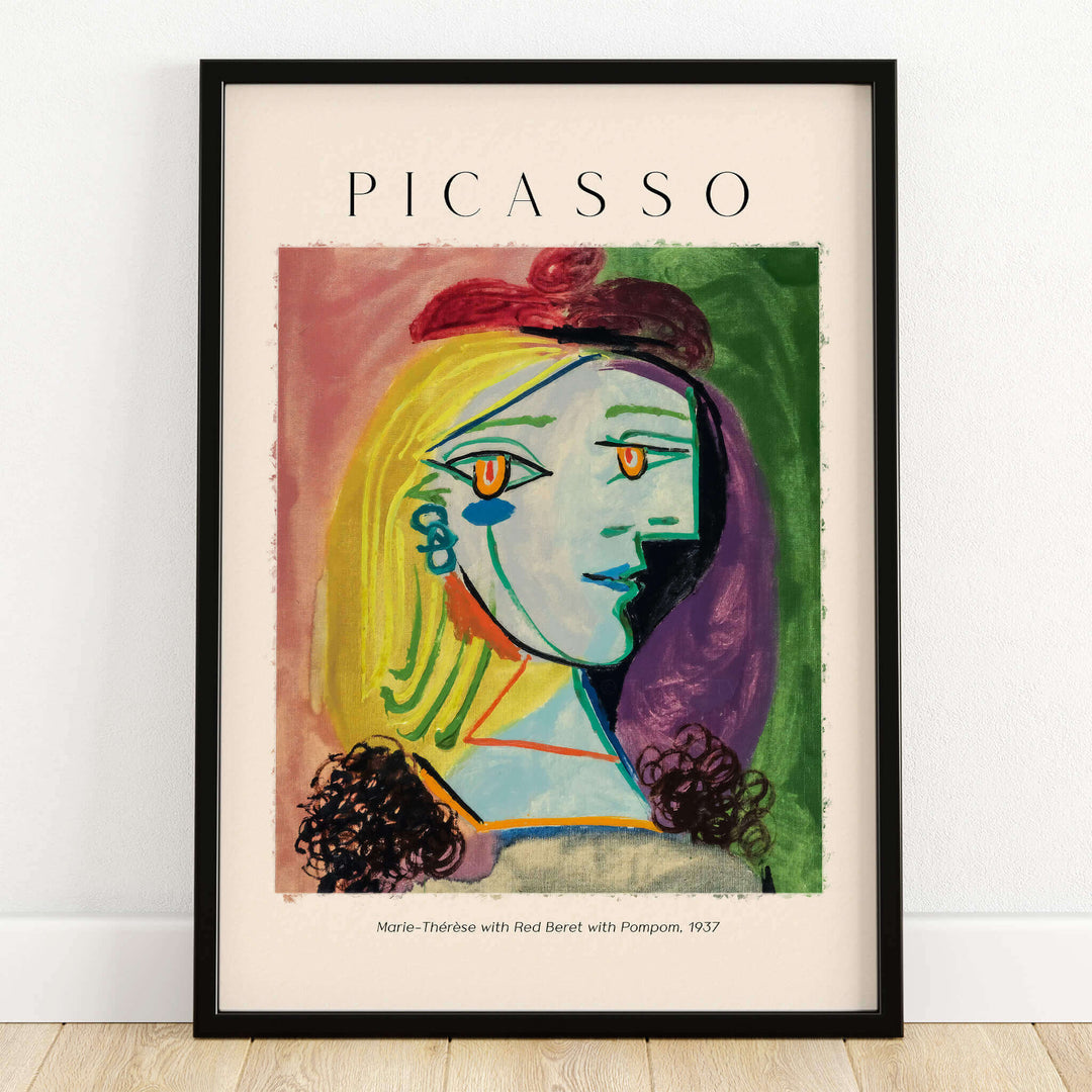 Picasso Marie Thérèse Red Beret Pompom 1937 Portrait Art Print Cubist Poster Colorful vibrant artwork with a colorful abstract style.