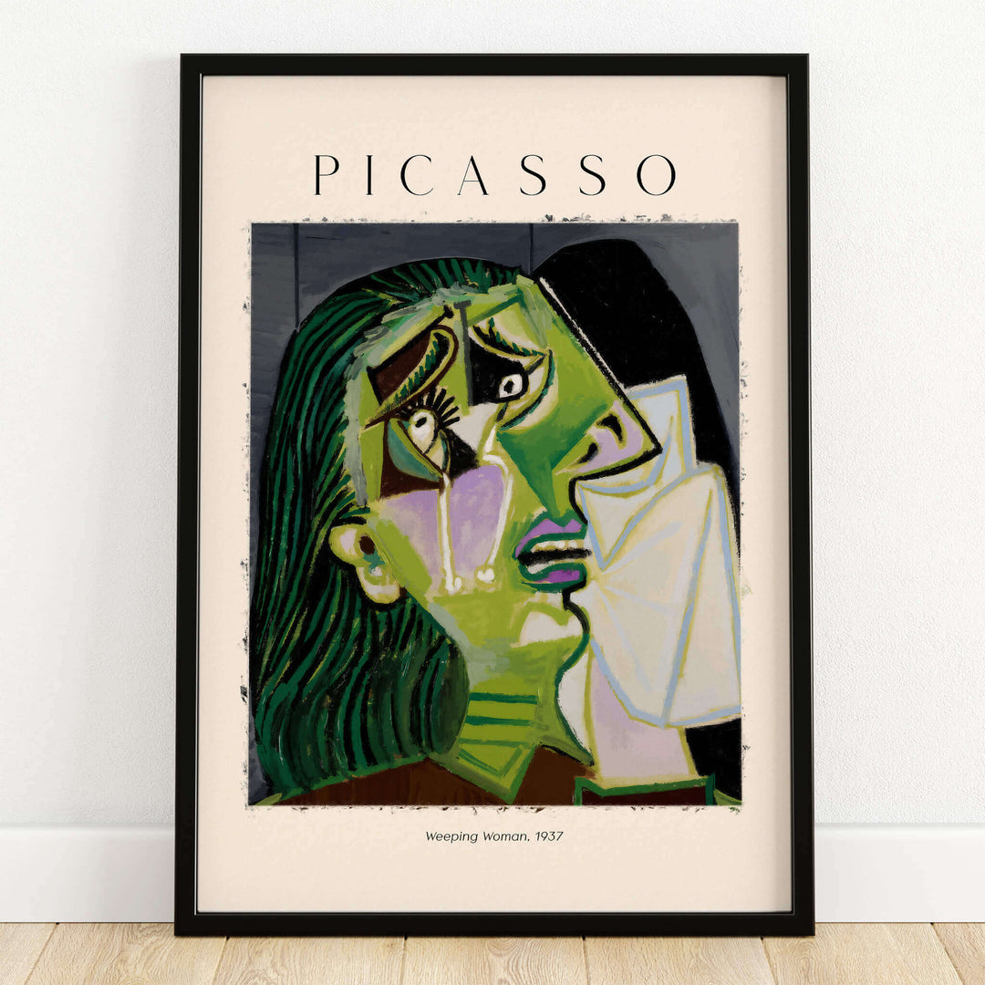 Picasso Weeping Woman 1937 Art Print Famous Cubist Portrait Poster Emotional Wall Art in a framed display.