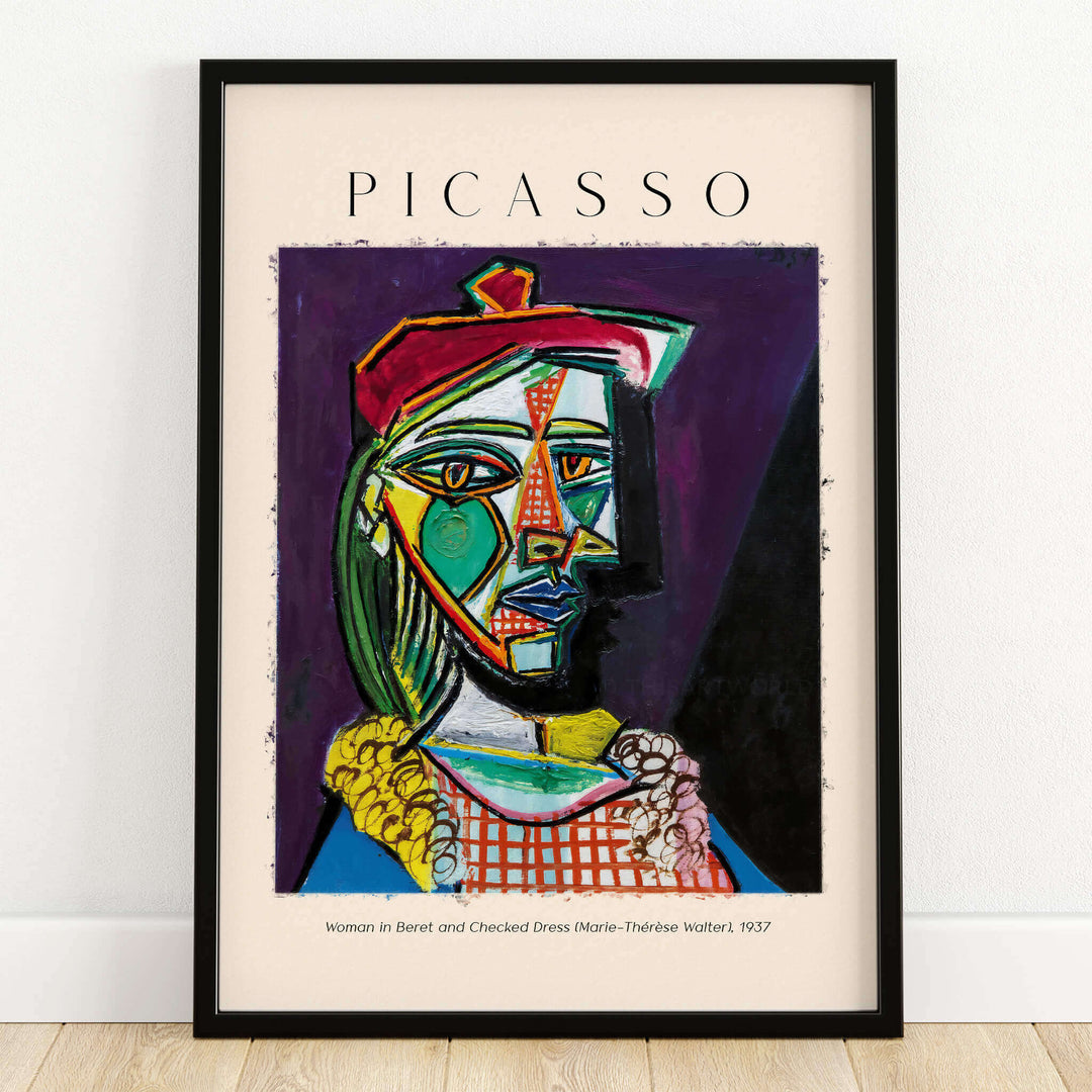Picasso Woman Beret Checked Dress Marie Thérèse 1937 Art Print Cubist Portrait Poster displayed in a black frame.