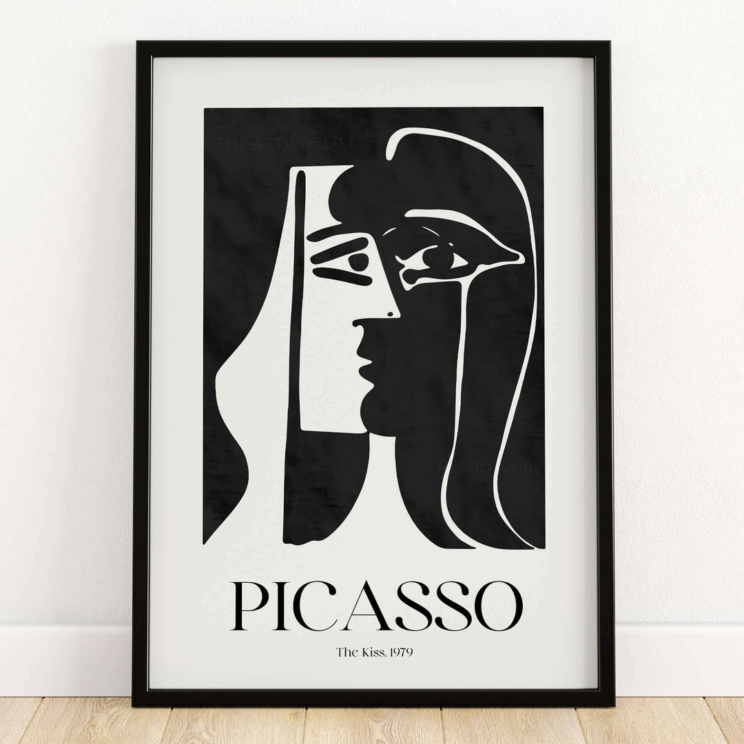 Picasso The Kiss 1979 Black White Abstract Profile Poster Art Print Wall Decor framed art showcasing minimalist abstract profiles.