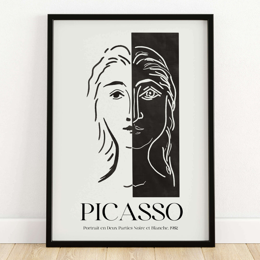Picasso Portrait Deux Parties Black White Split Face Art Print Poster featuring a woman's face in dual line art style.