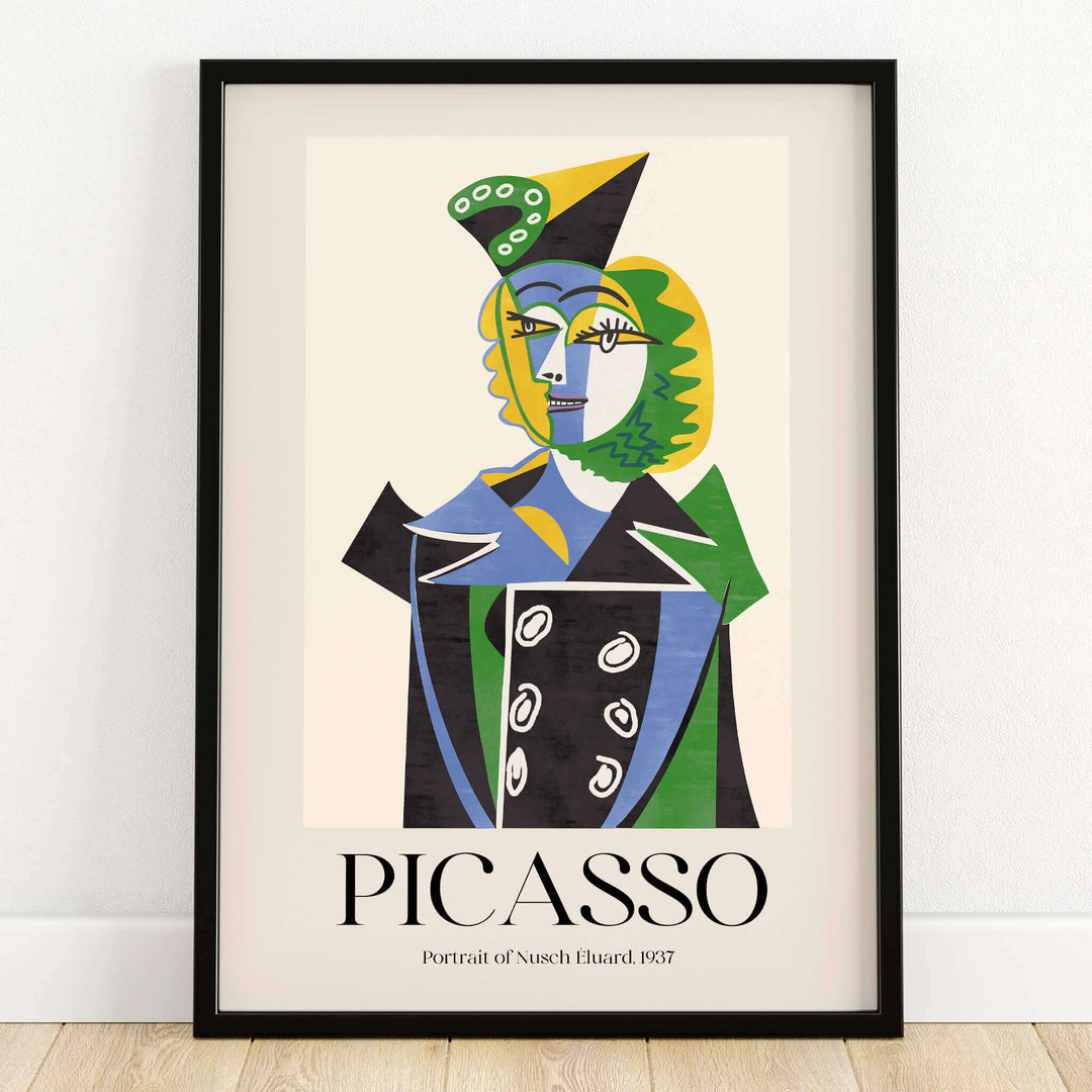 Picasso Portrait Nusch Eluard 1937 Colorful Cubist Art Print Modern Poster Wall Art in a framed display.
