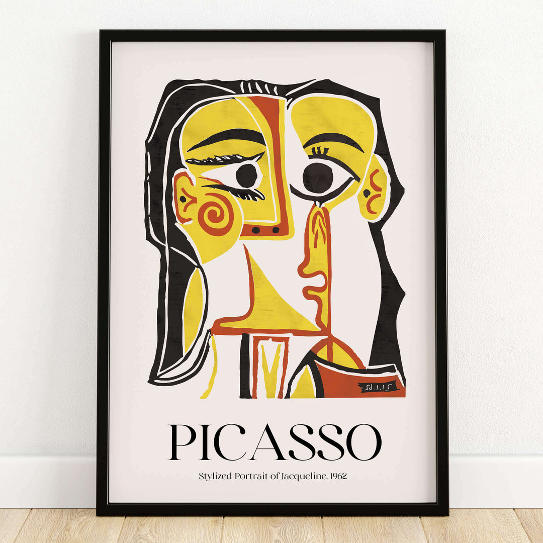 Picasso Stylized Portrait Jacqueline 1962 Abstract Art Print Yellow Red Poster displayed in a black frame on a wall.