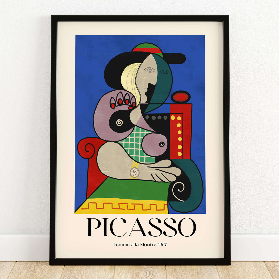 Picasso Femme a la Montre Woman Watch 1967 Art Print Cubist Poster Colorful Wall Art framed in a stylish setting.