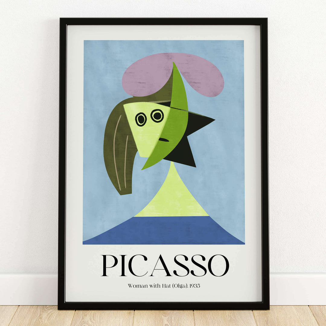 Picasso Woman Hat Olga 1935 Abstract Portrait Art Print Simple Shapes Poster Decor, featuring geometric shapes and vibrant colors.