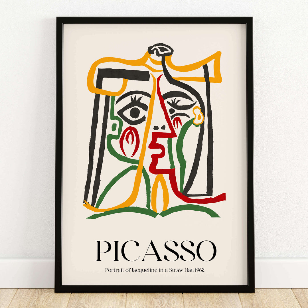 Picasso Portrait Jacqueline Straw Hat 1962 Abstract Line Art Print Colorful Poster framed in black