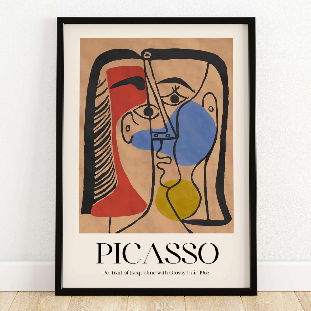 Picasso Portrait Jacqueline Glossy Hair 1962 Abstract Art Print Colorful Poster Decor framed on wall.