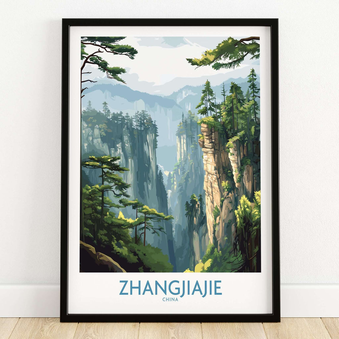 Zhangjiajie China Art Print | Misty Forest Canyon Poster featuring dramatic landscapes and lush greenery.