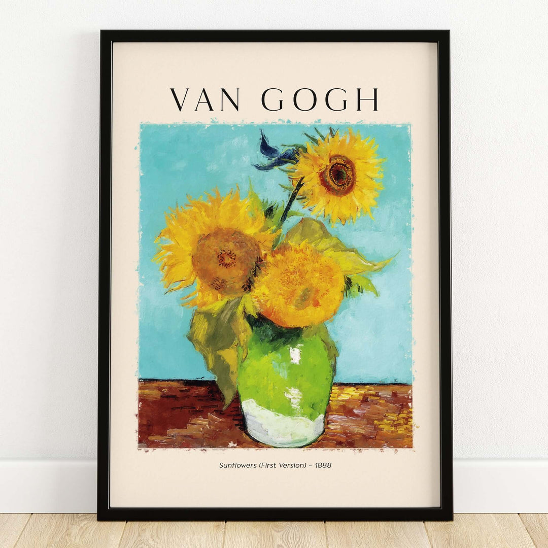 van Gogh Sunflowers Print - Sunflower Wall Art showcasing vibrant yellow blooms in a green vase against a turquoise background.