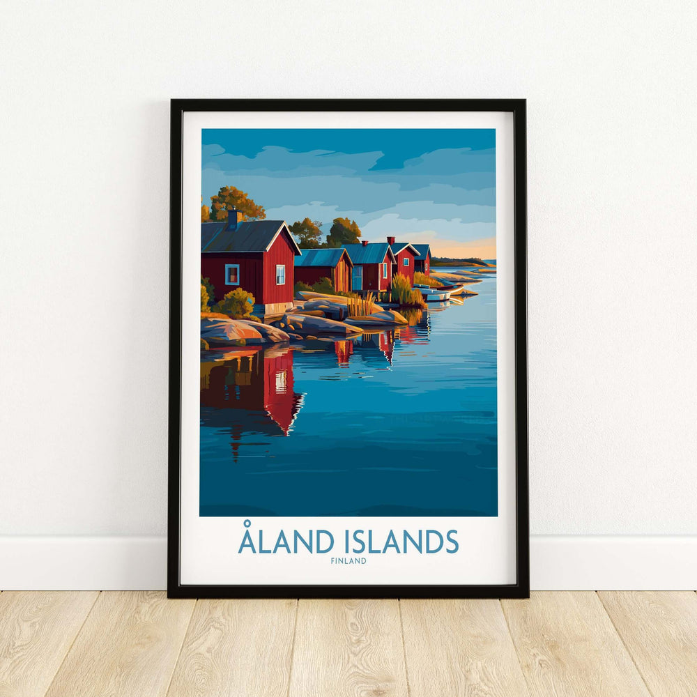 Åland Islands Art Print | Finland Archipelago Wall Decor Poster featuring vibrant coastal landscape and red cabins