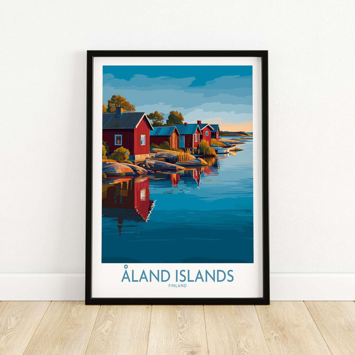 Åland Islands Art Print | Finland Archipelago Wall Decor Poster featuring vibrant coastal landscape and red cabins