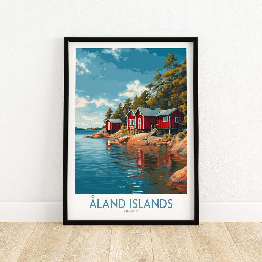 Åland Islands Lakeside Cabin Art Print | Finland Rustic Landscape Poster featuring red cabins by calm waters.