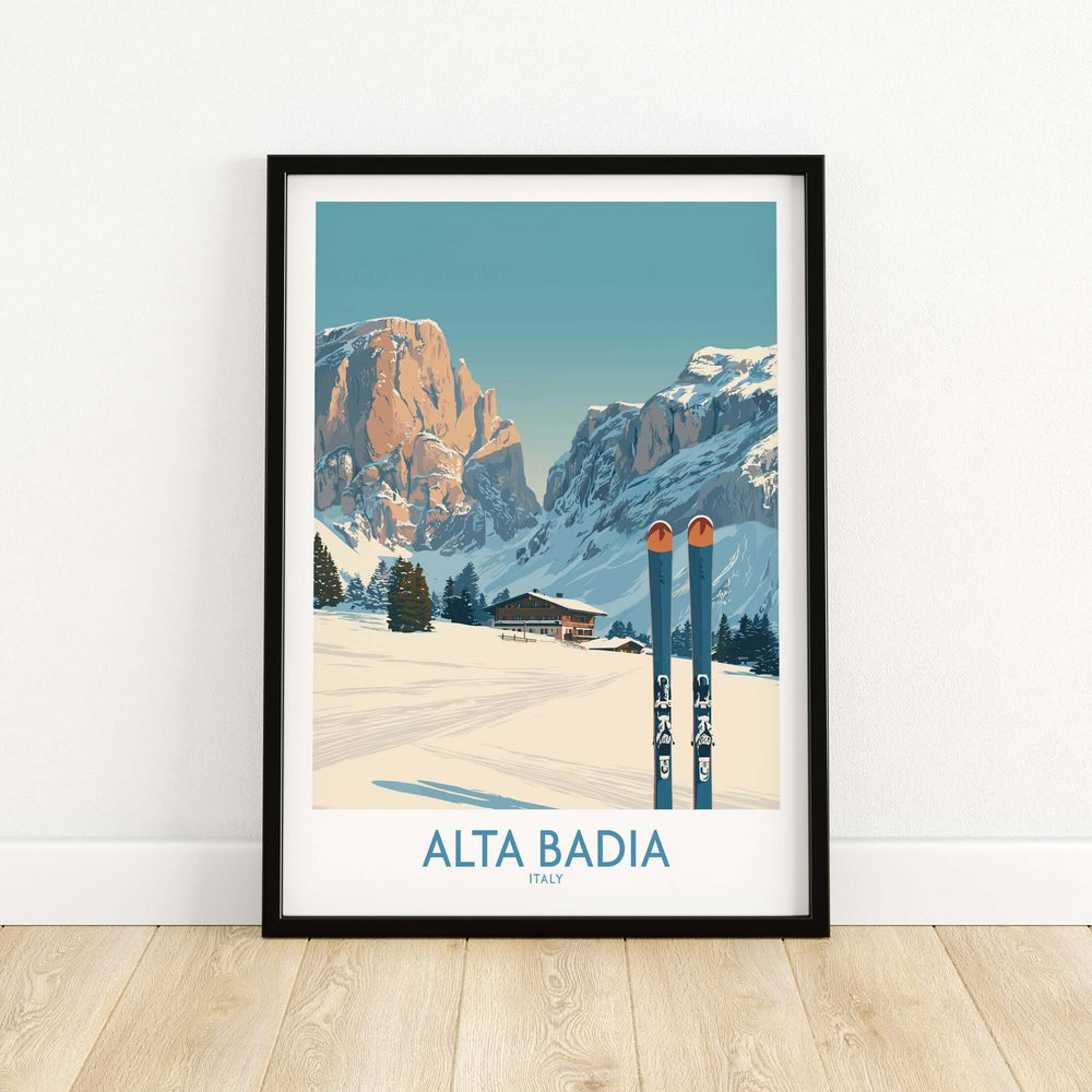 Alta Badia Italy ski wall art featuring a scenic view of the Italian Alps and skis, perfect for travel decor.