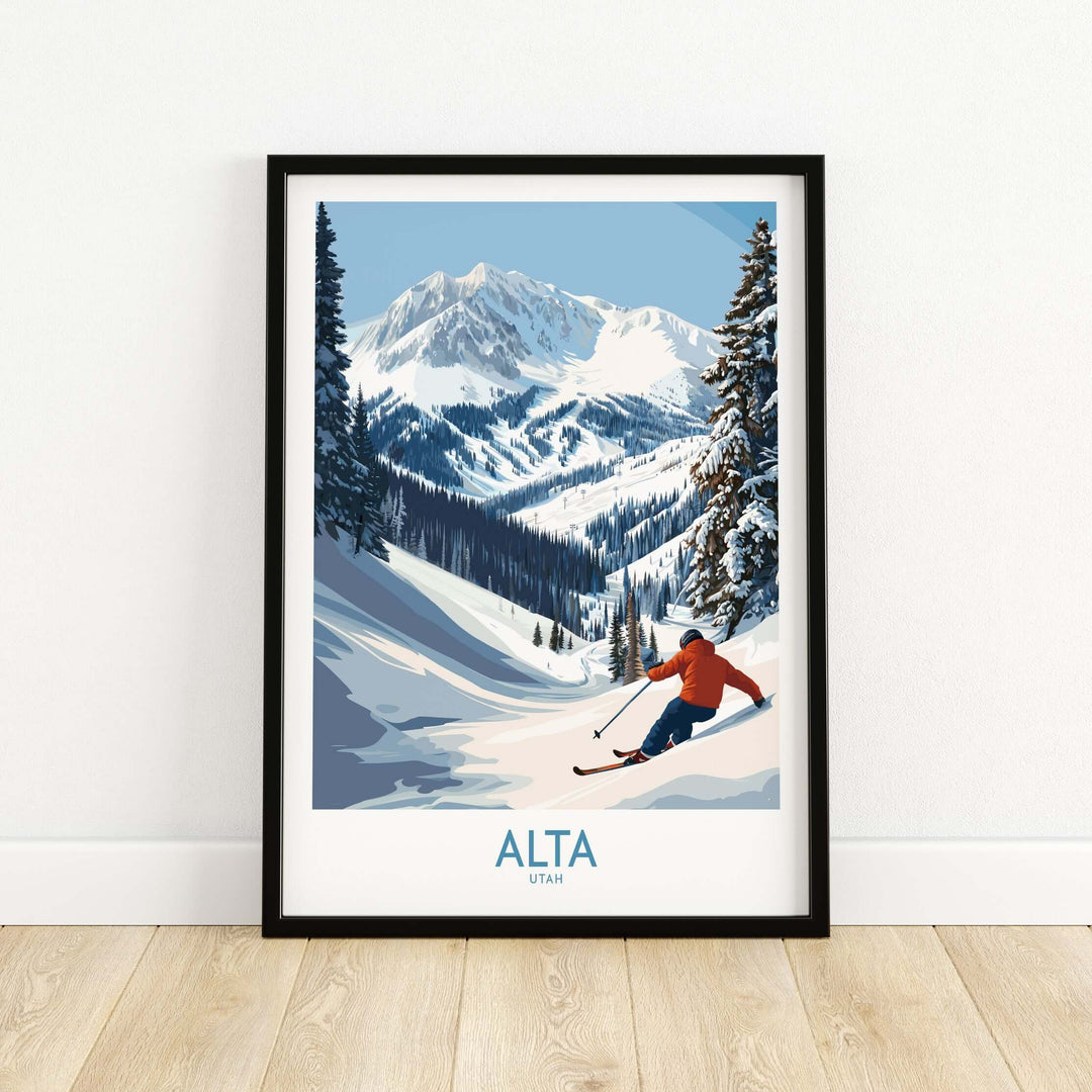 Alta Utah skiing adventure print featuring a skier in the Wasatch Mountains, perfect winter decor for ski enthusiasts.