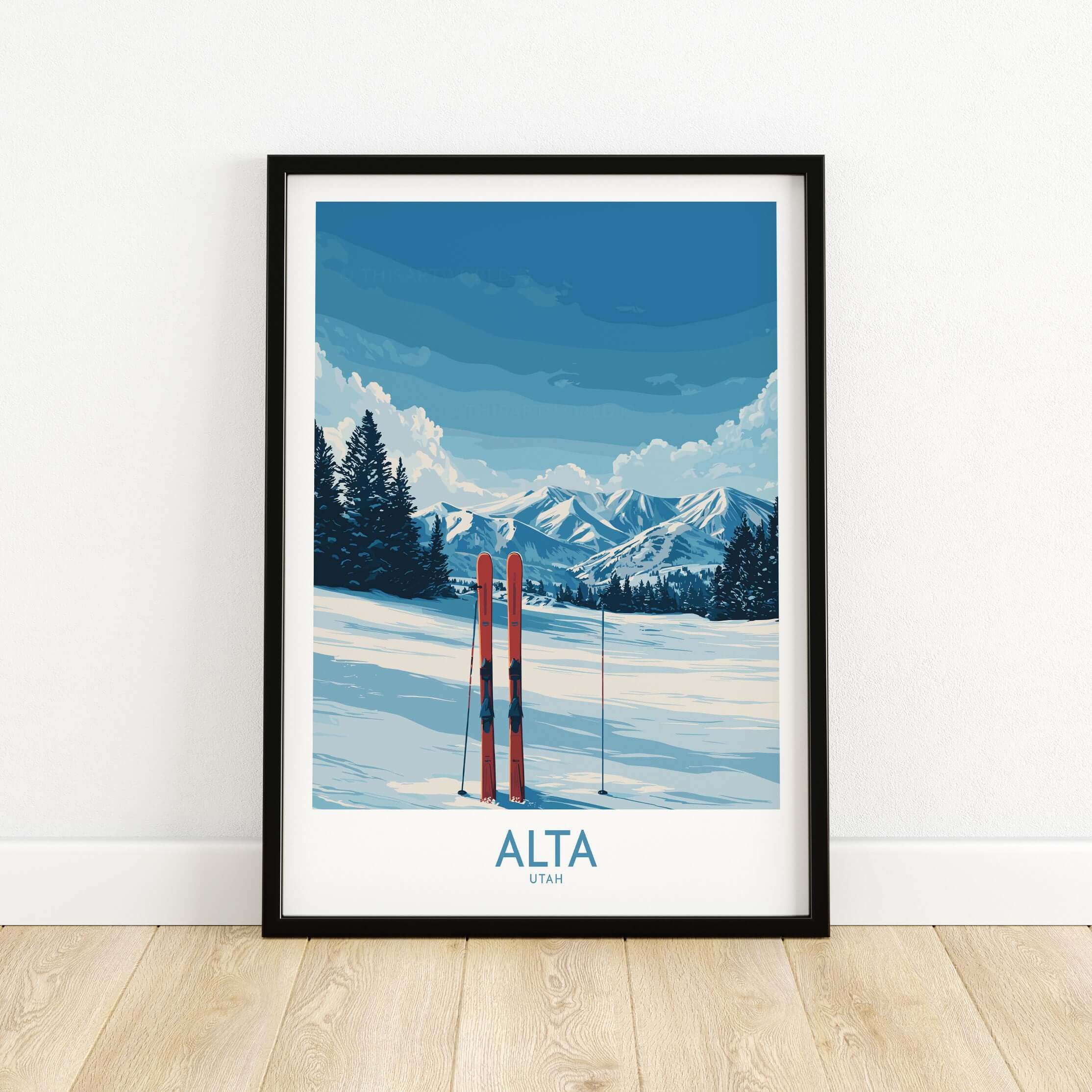 Alta Utah winter mountain landscape poster featuring red skis against snowy peaks and blue skies.