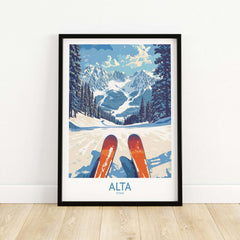 Alta Utah ski adventure poster showcasing snowy Wasatch Range and vibrant skis, perfect for winter travel decor.