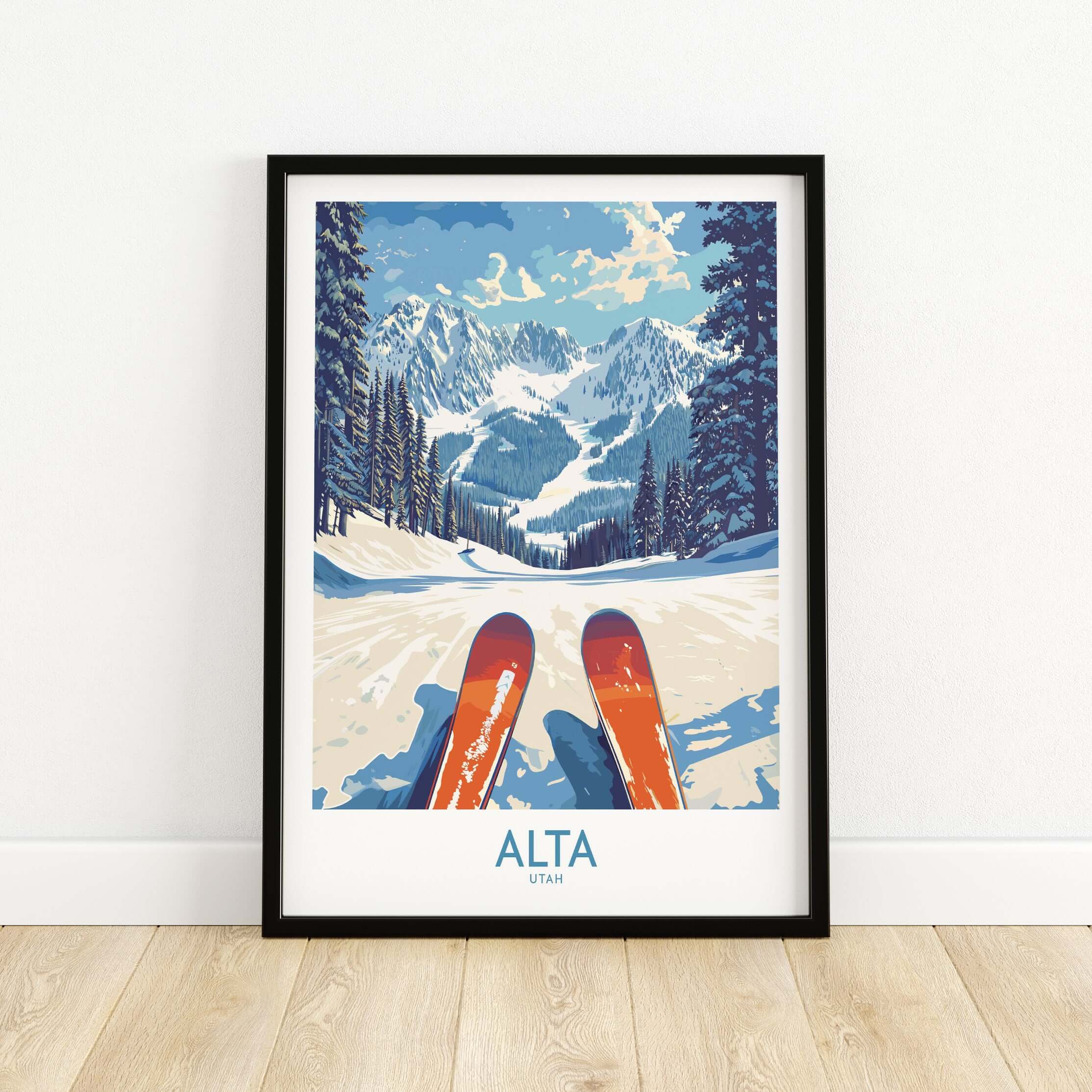 Alta Utah ski adventure poster showcasing snowy Wasatch Range and vibrant skis, perfect for winter travel decor.