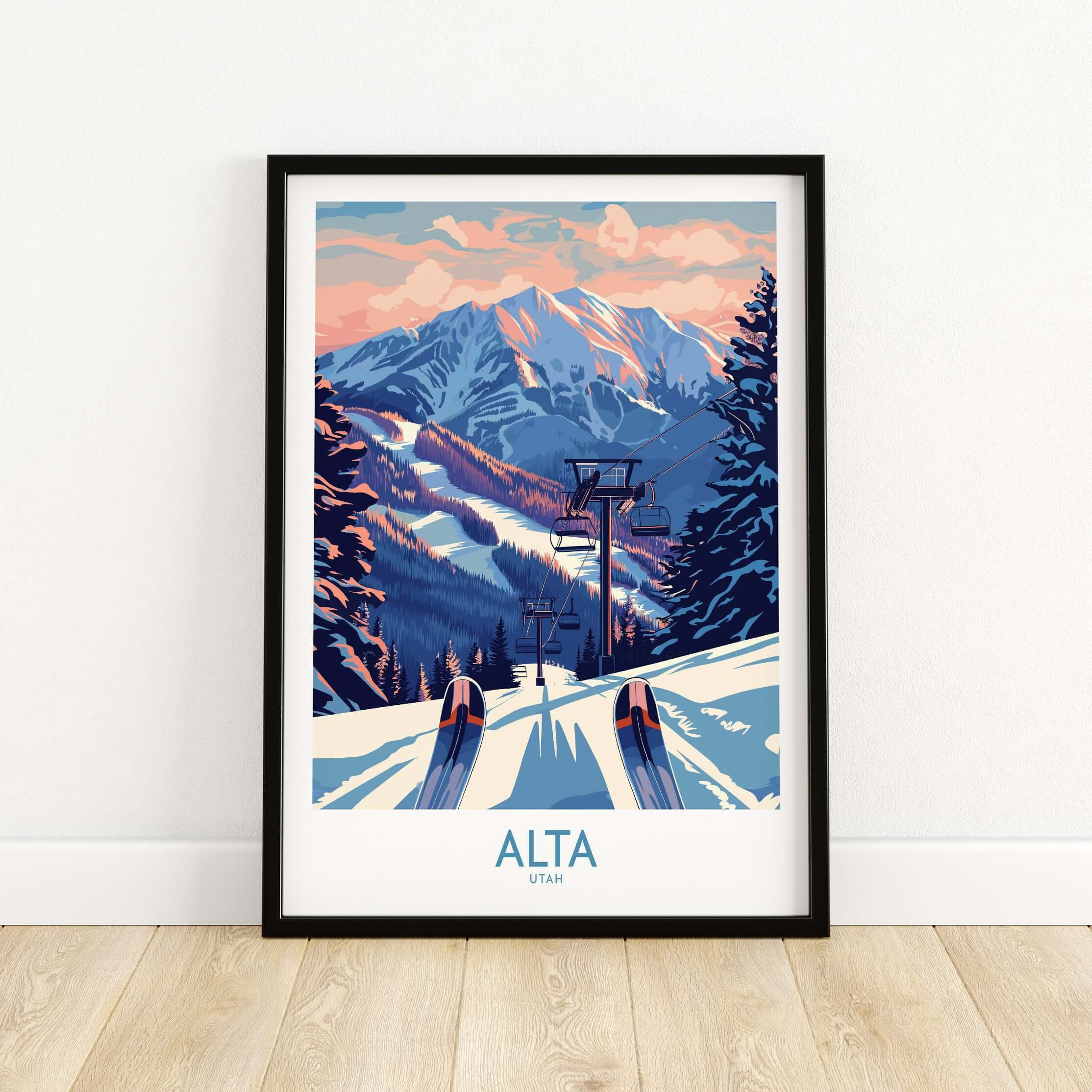 Alta Utah ski print featuring snowy mountains and ski lift, perfect winter sports decor for travel enthusiasts.