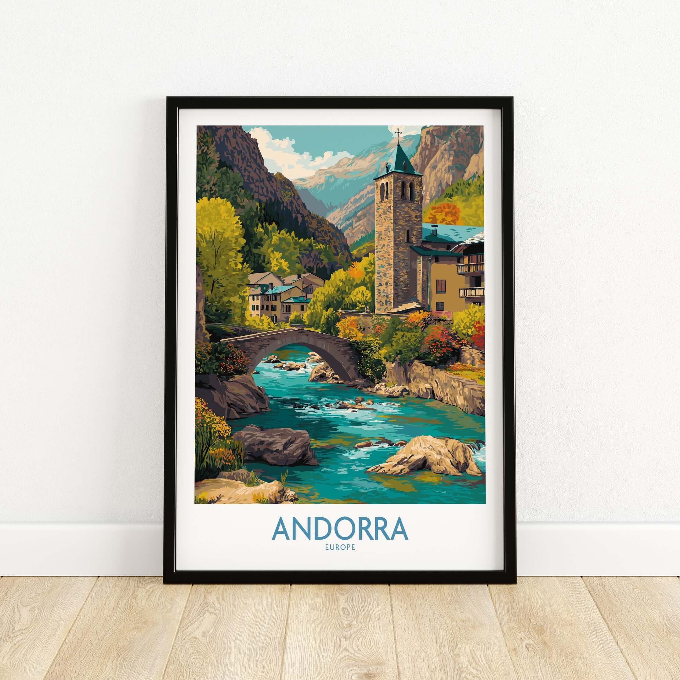 Andorra Art Print | Pyrenees Mountain Travel Poster featuring a scenic landscape with a river and charming buildings.